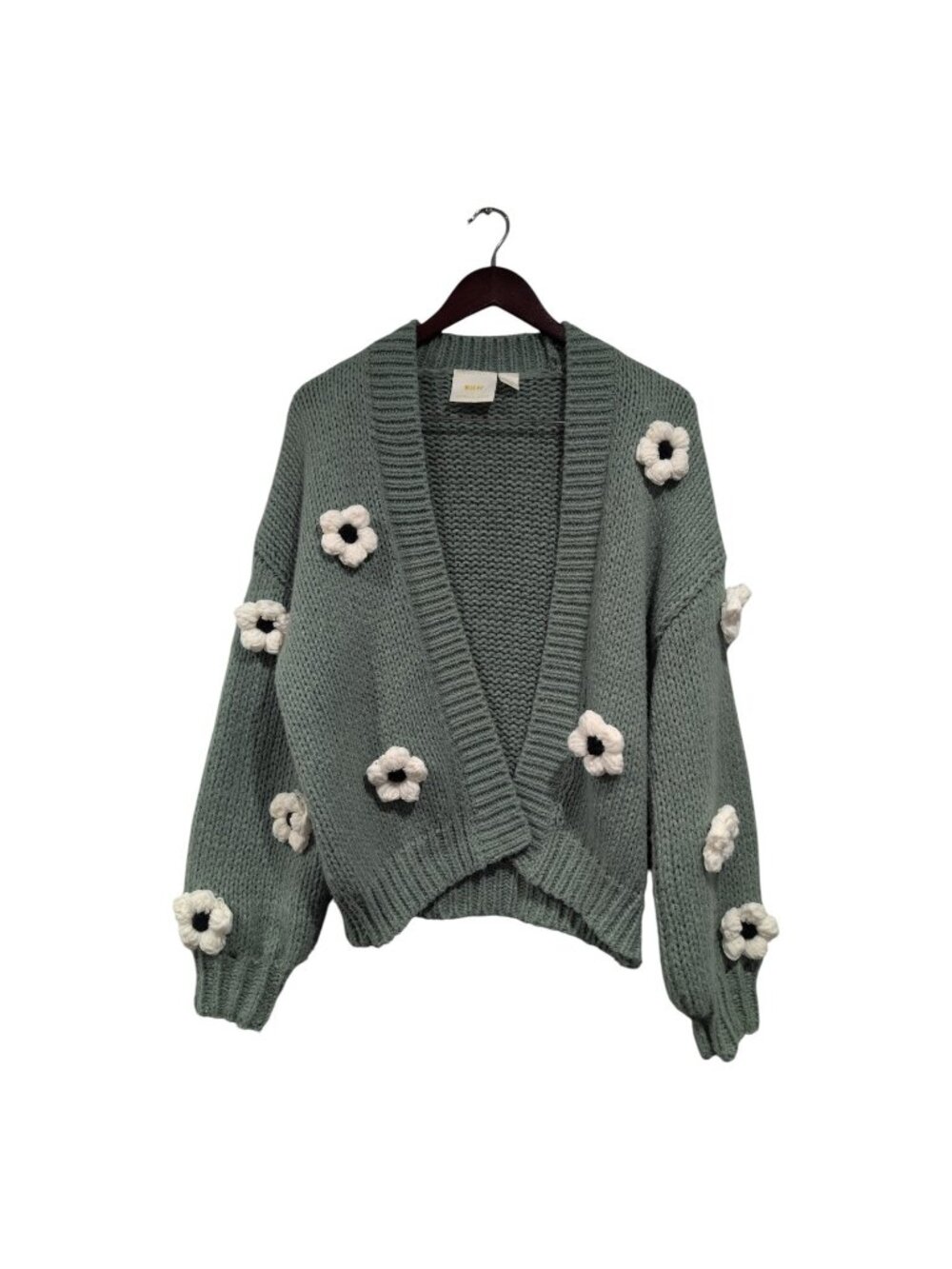 Maeve Anthropologie Susannah 3D Flower Cardigan Sweater One Size Green Chunky